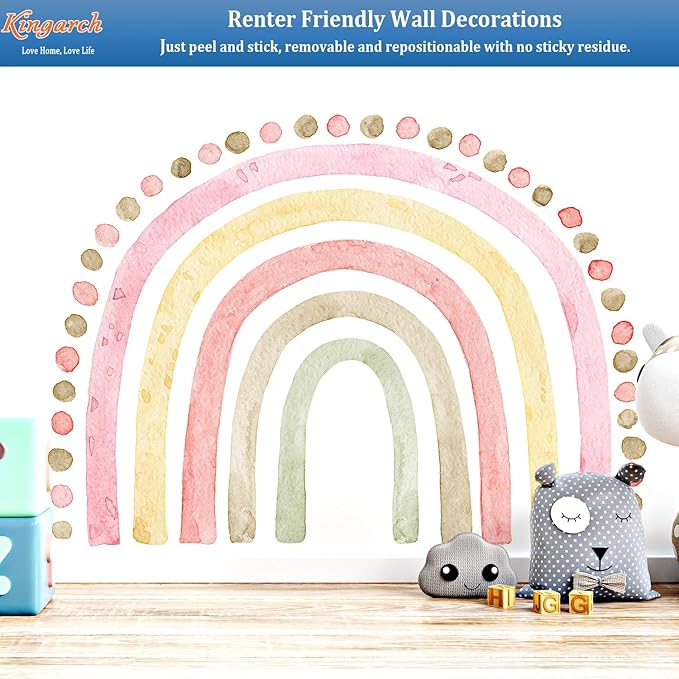 Large Pink Rainbow Wall Decals, Boho Dots Peel and Stick Fabric Nursery Wall Decor, Removable Home Room Wall Decor Murals Stickers for Kids Girls Toddler Bedroom Living Room Playroom