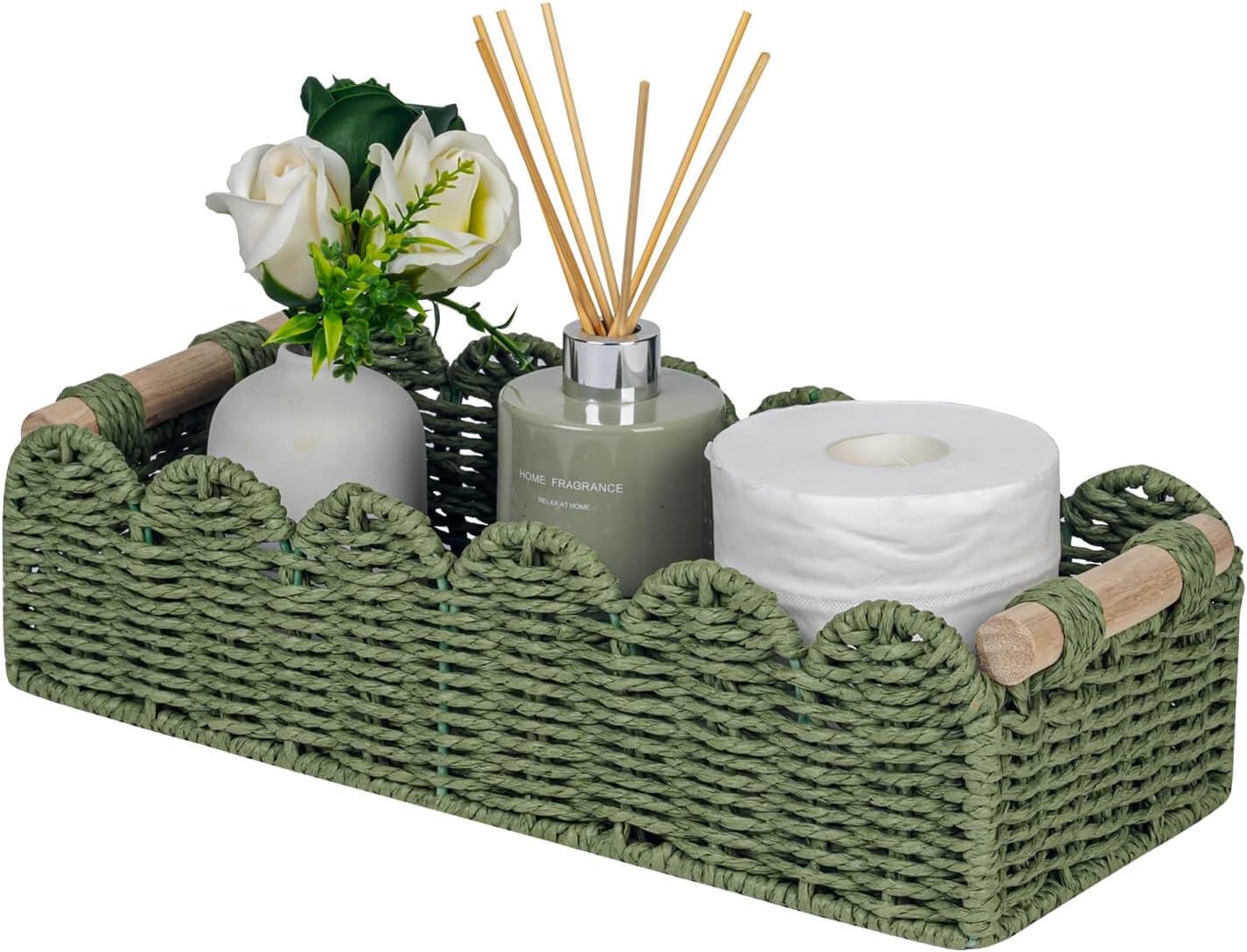CubesLand Toilet Paper Storage Basket Scalloped Edge Home Decor Green Basket, Living Room Cozy Decor, Paper Rope Small Baskets for Over Toilet Storage Shelf, End Table, Shelves, with 2 Wooden Handles