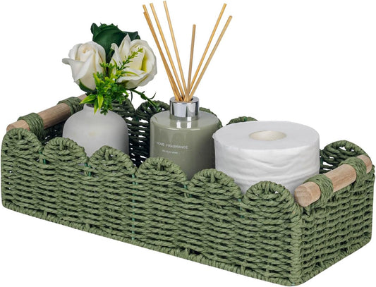CubesLand Toilet Paper Storage Basket Scalloped Edge Home Decor Green Basket, Living Room Cozy Decor, Paper Rope Small Baskets for Over Toilet Storage Shelf, End Table, Shelves, with 2 Wooden Handles