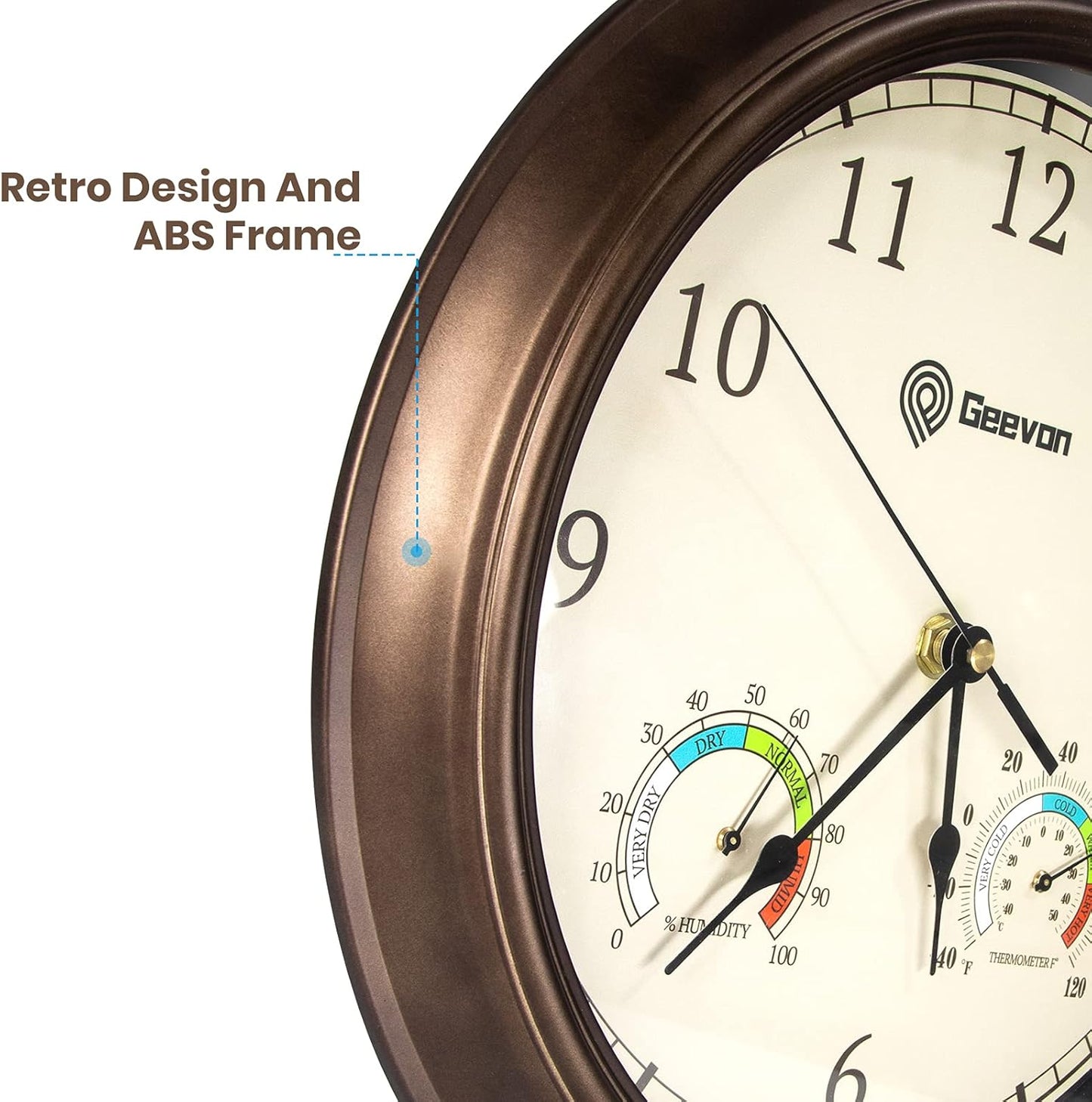Geevon 12" Vintage Wall Clock Non Ticking with Hygrometer and Thermometer Combo,Battery Operated Quartz Decorative Wall Clocks for Home,Living Room,Office,Classroom,Kitchen,Bedroom Decor