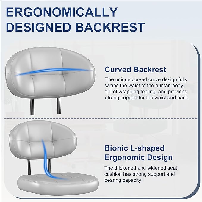 Misolant Vanity Chair with Back, Small Armless Cute Office Chair with Wheels and Lumbar Support, Comfy PU Leather Desk Computer Chairs with Adjustable Height, 360°Swivel for Home Bedroom Office, Gray