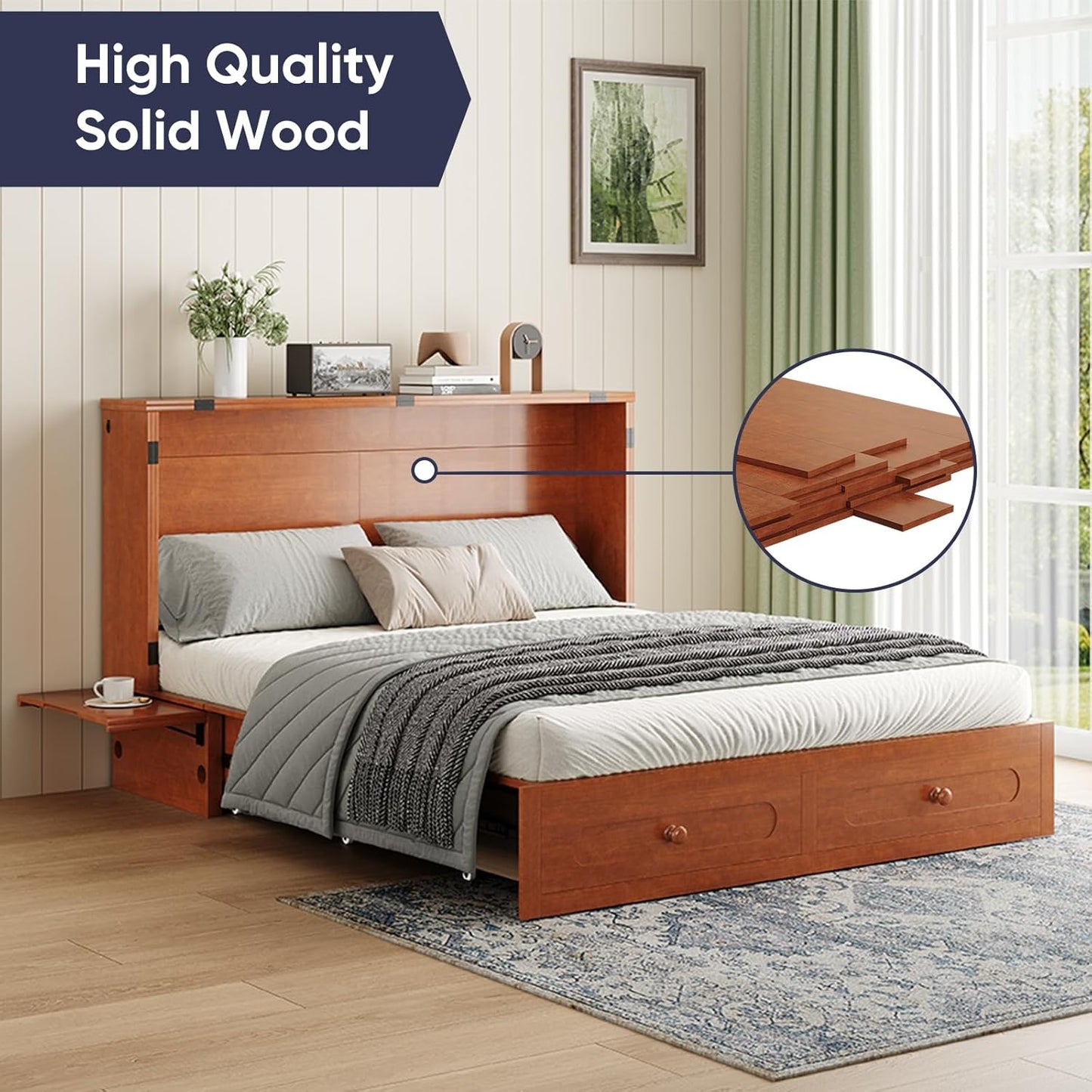 ijuicy Murphy Bed Queen Size with Foam Mattress, Side Storage Board, Cabinet Bed with Charging Station Large Storage Drawer for Space-Saving Room, Foldable Hideaway Bed Queen-Cherry