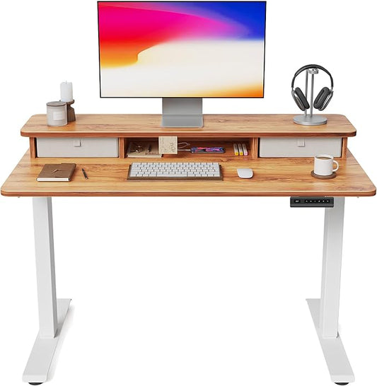 FEZIBO 40 x 24 Inch Height Adjustable Electric Standing Desk with Double Drawer, Computer Desk, Home Office Stand Up Table with 4 Height-Adjustable Feets & 2 Hooks, Light Rustic