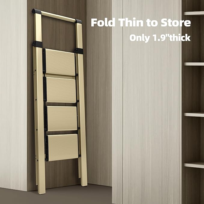 HillhutApex 4 Step Foldable Aluminum Step Ladder with Handgrip, Anti-Slip Pedal, 330 lbs Capacity, Lightweight & Portable for Home, Kitchen, Office, Garage (Gold)