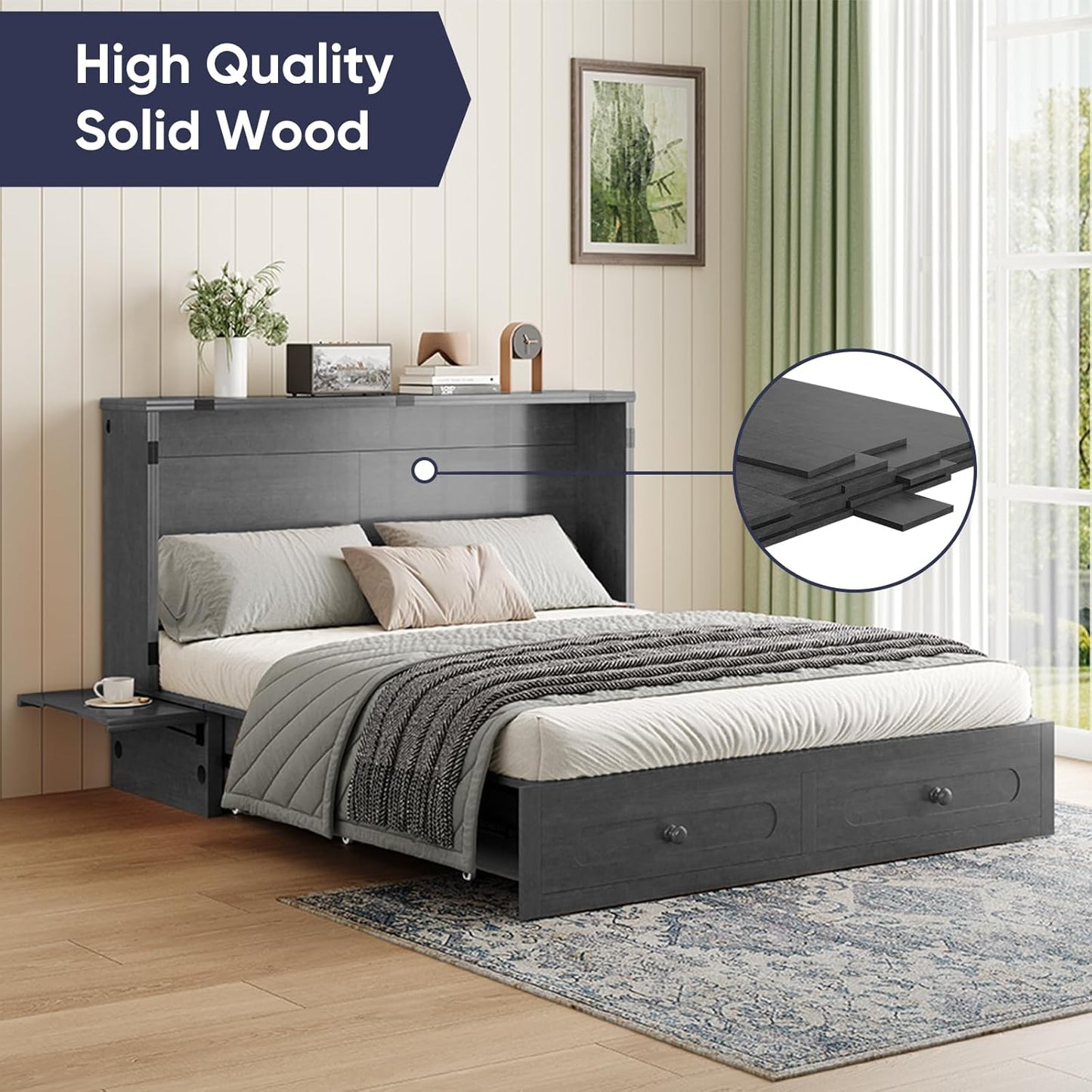ijuicy Murphy Bed Queen Size with Foam Mattress, Side Storage Board, Cabinet Bed with Charging Station Large Storage Drawer for Space-Saving Room, Foldable Hideaway Bed Queen-Grey