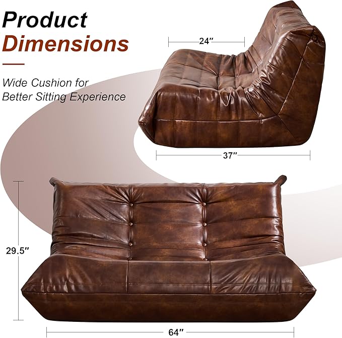 Hobestluk Bean Bag Chair Giant Bean Bag Sofa 2 Seater Bean Bag Chairs for Adults, Loveseat Floor Chair, Leather Bean Bag Chairs for Living Room Bedroom Dorm (Brown, Loveseat)