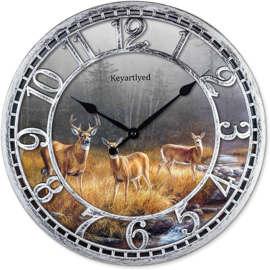 Great Looking Deer Clock Wildlife Wall Clock Silent Non Ticking Battery Operated 12 Inch Quality Plastic Round Wall Clocks for Home Kitchen Living Room Bedroom Office Decor (Antique Silver)