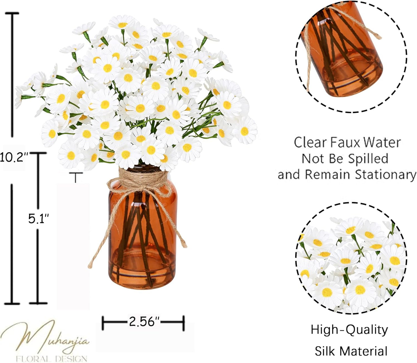 Artificial Daisy Flowers in Amber Glass Vase with Faux Water,9Pcs White Artificial Silk Flowers with Stems for Centerpiece (Daisy)