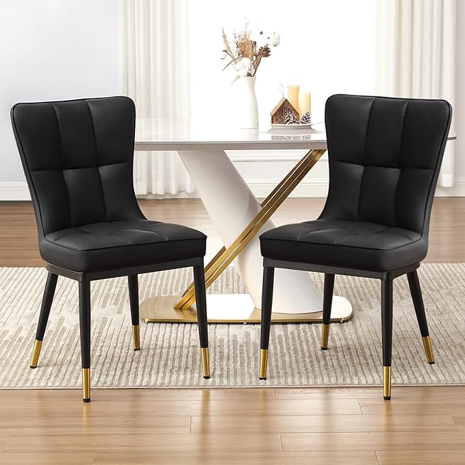 High-Back Faux Leather Dining Chairs Set of 2, Modern Sturdy Upholstered Accent Side Chair Deep Sponge Padded Seat with Metal Legs for Kitchen Dining Living Room Bedroom (Black)