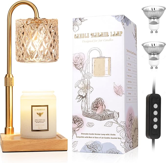 Hong-in Candle Warmer Lamp with Timer -Dimmable Adjustable Height Wax Melt Warmer for Jar Candles,Vintage Home Decor with Elegant Clear Glass,Birthday Gifts for Women, Mom, Friend, Sister