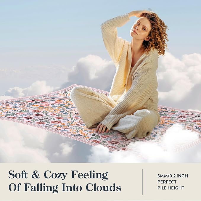 Lahome Floral Pink Boho 3x5 Rugs, Small Floral Dorm Rugs for Girsl Bedside, Washable Flower Botanical Throw Rug for Nursery Kids Room, Soft Non Slip Easy to Clean Door Mat for Entryway