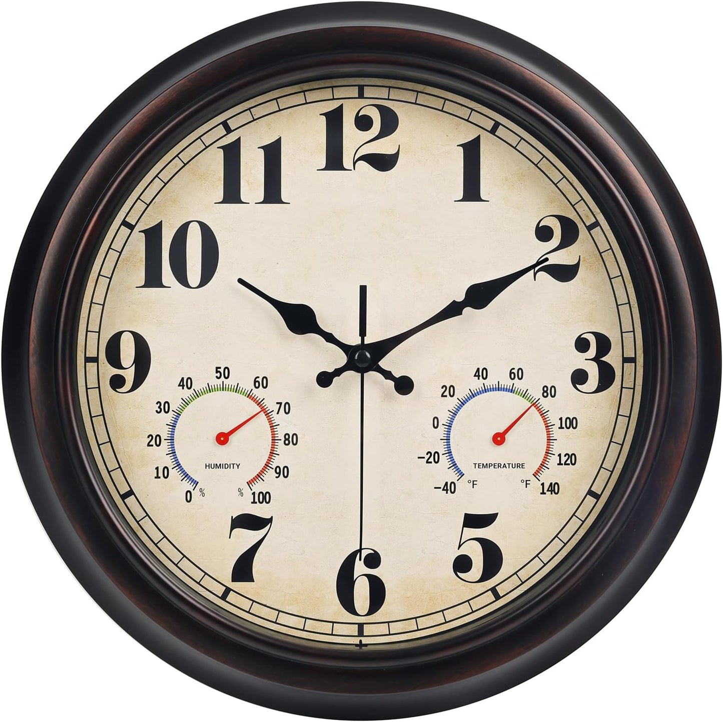 45MinST 13 Inch Red-Brown Vintage Waterproof Wall Clock with Thermometer & Hygrometer, Large Silent Numerals & Accurate Timekeeping for Indoor & Outdoor(Garden,Porch,Pool)