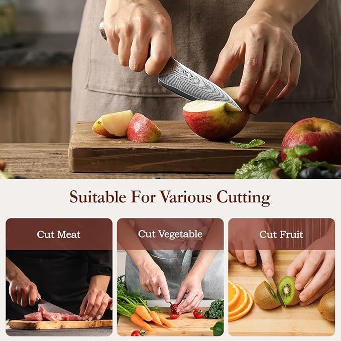 HEZHEN 5.3 Inches All Purpose Kitchen Knife with Sheath, 67 Layers Damascus Steel Kitchen Utility Knife for Cooking Preparation, Petty Knife, Micarta Handle,Gift Ready