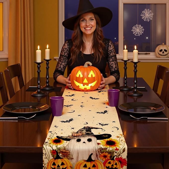 Halloween Table Runner with Ghosts, Bats, Pumpkins & Sunflowers, Table Decoration for Dining Party and Home Decor,48x13 inches