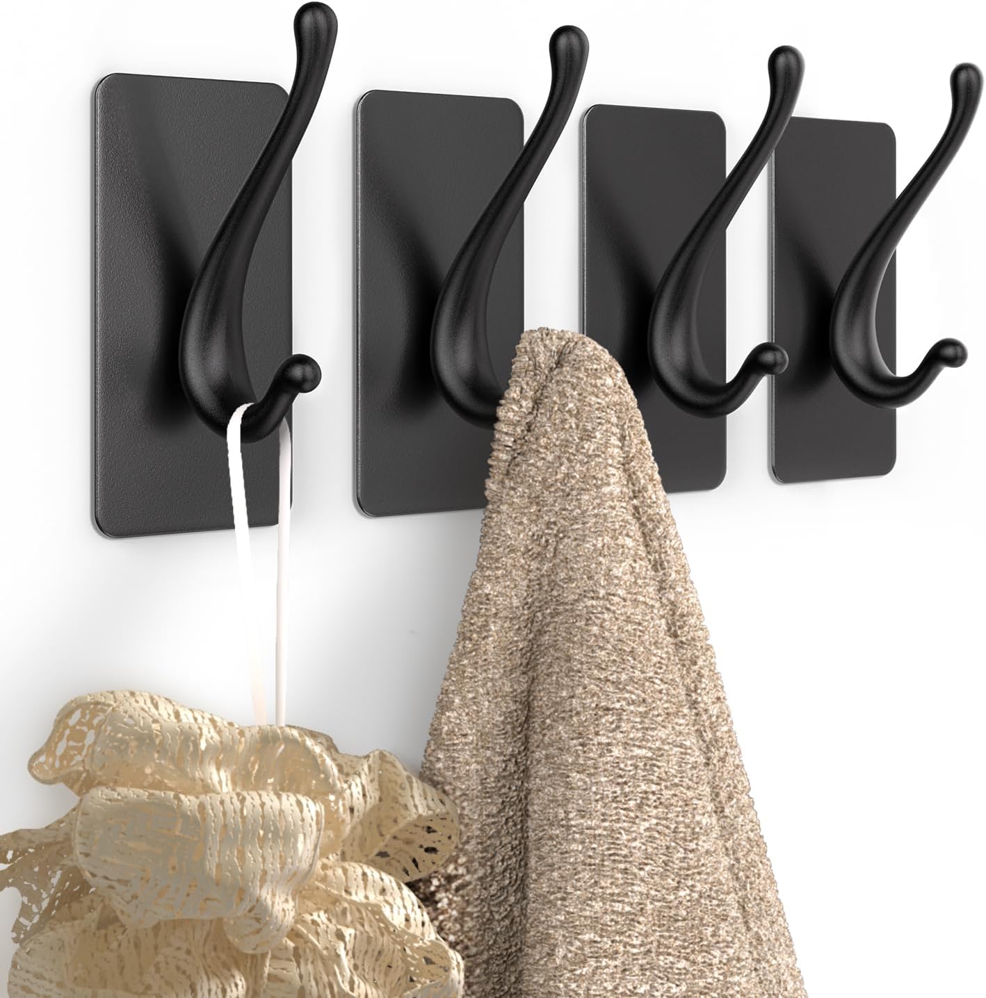 Towel Hooks, Solid Alloy Adhesive Wall Hooks for Hanging, Towel Hooks for Bathroom, RV, Kitchen, Closets, etc (Black, 4 Pack)