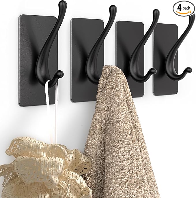 Towel Hooks, Solid Alloy Adhesive Wall Hooks for Hanging, Towel Hooks for Bathroom, RV, Kitchen, Closets, etc (Black, 4 Pack)