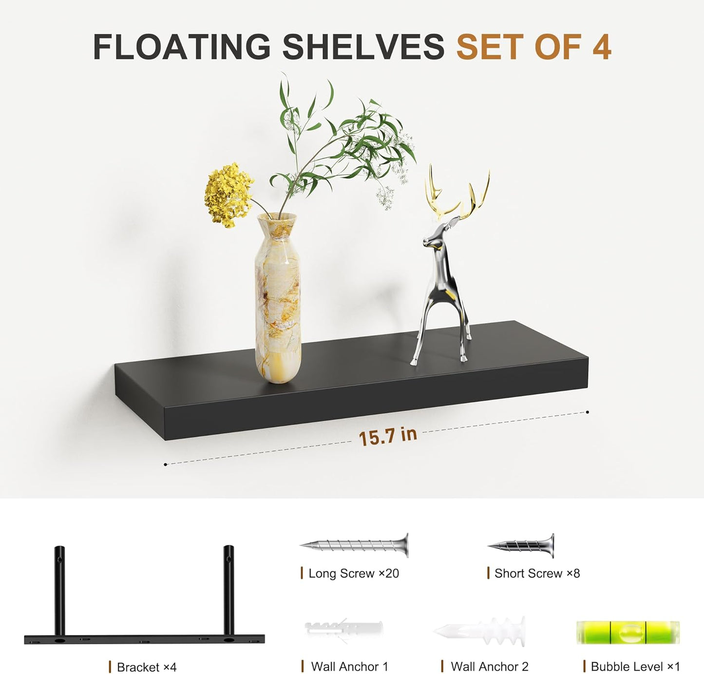 Bellsal Floating Shelves for Wall, Black Engineered Wood Wall Shelf Set of 4, 16" Wall Mounted Floating Shelf for Kitchen, Living Room, Bedroom, Bathroom Storage, Book Shelf for Home Decor