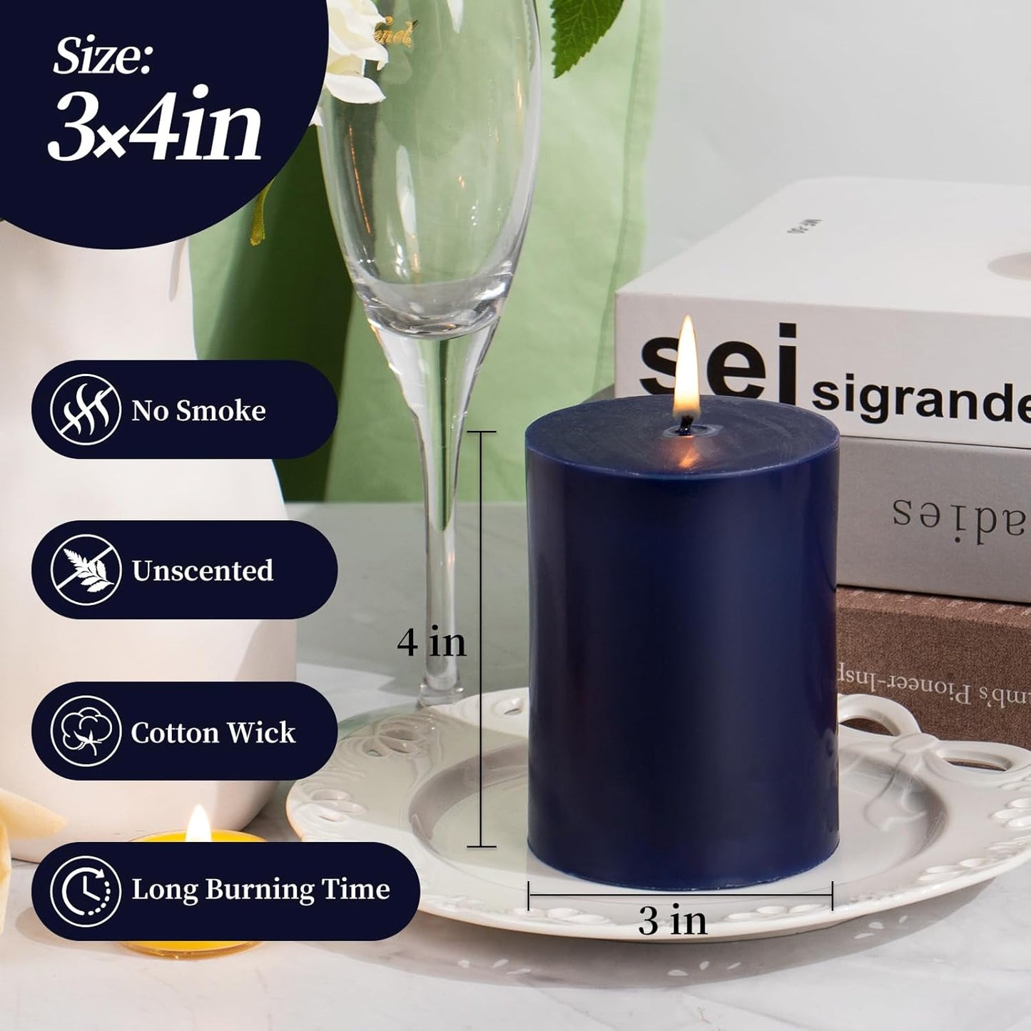 KONNI Navy Blue Pillar Candles Set of 3, 3"x 4" Unscented Pillar Candles Bulk, 39 Hours Long Burning Candles, Smokeless&Dripless Large Round Candle for Wedding, Home Decoration, Parties, Spas, Dinner