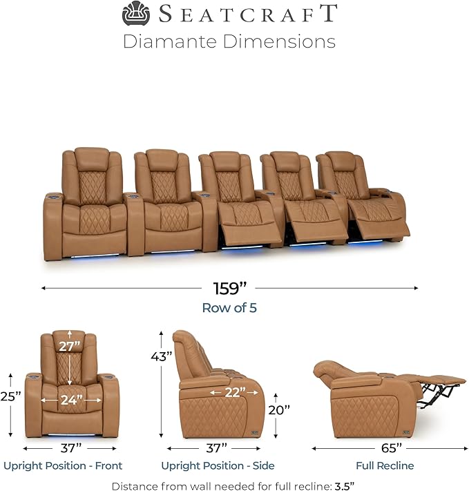Seatcraft Diamante Zero-Gravity CoolZero Italian Leather Home Theater Seating, Power Headrest, Power Recline, Row of 5, Tan Oak
