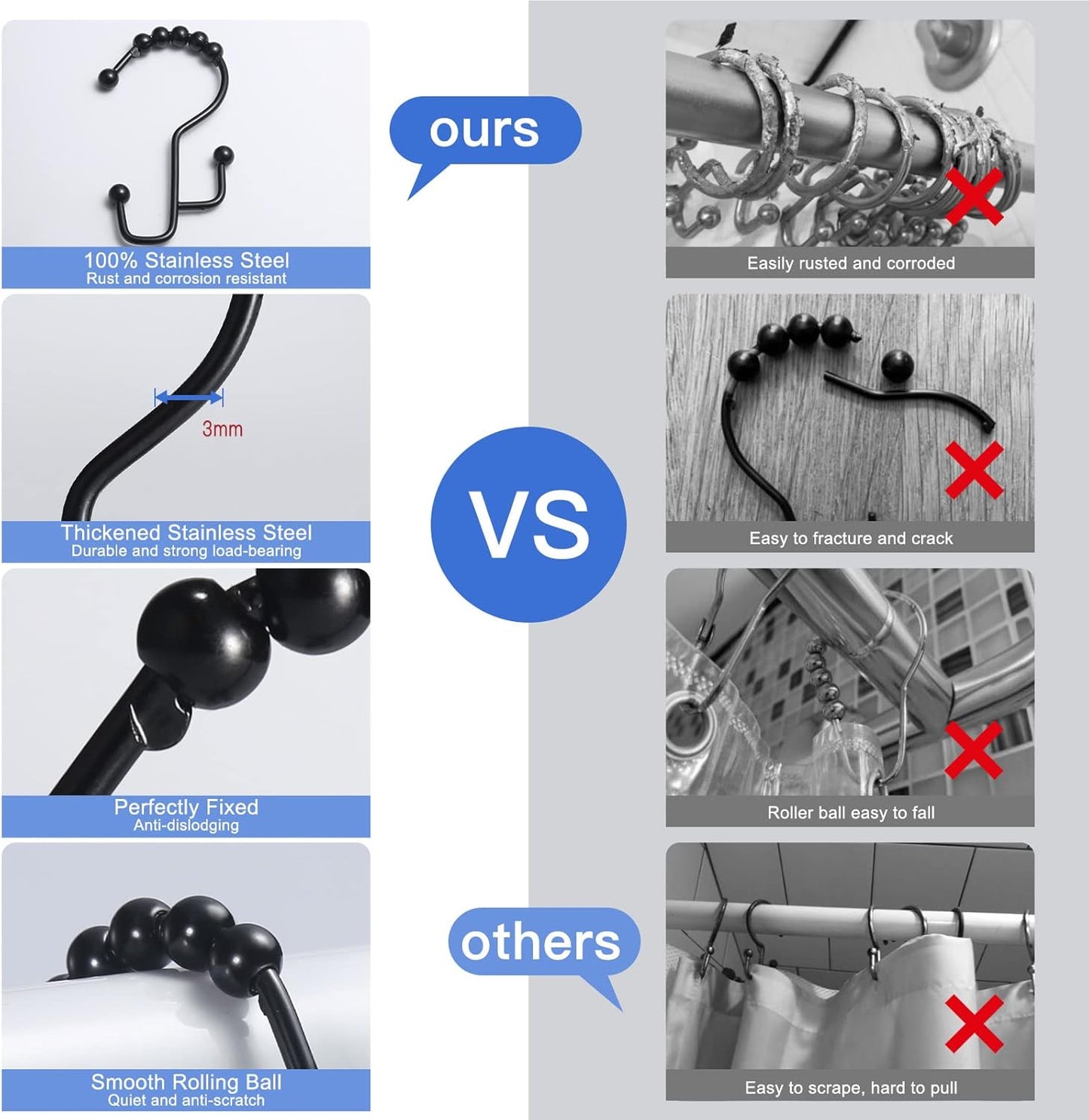 Shower Curtain Hooks, 12 Pcs Double Shower Curtain Hooks Rings, Black Shower Curtain Hooks Rust Proof, Stainless Steel Bathroom Shower Hooks for Shower Curtain, Towels, Clothing, Black