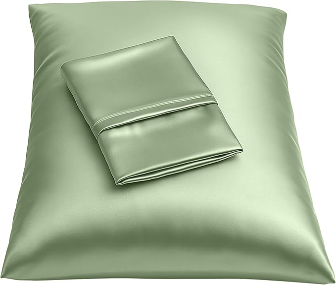 Satin Pillowcase with Zipper, for Hair and Skin Care, Feels Soft and Cool Like a Silk Pillowcase, Satin Pillow Cases 2 Pack, Slik Pillow Cover, Sage Green - Standard Size - Set of 2