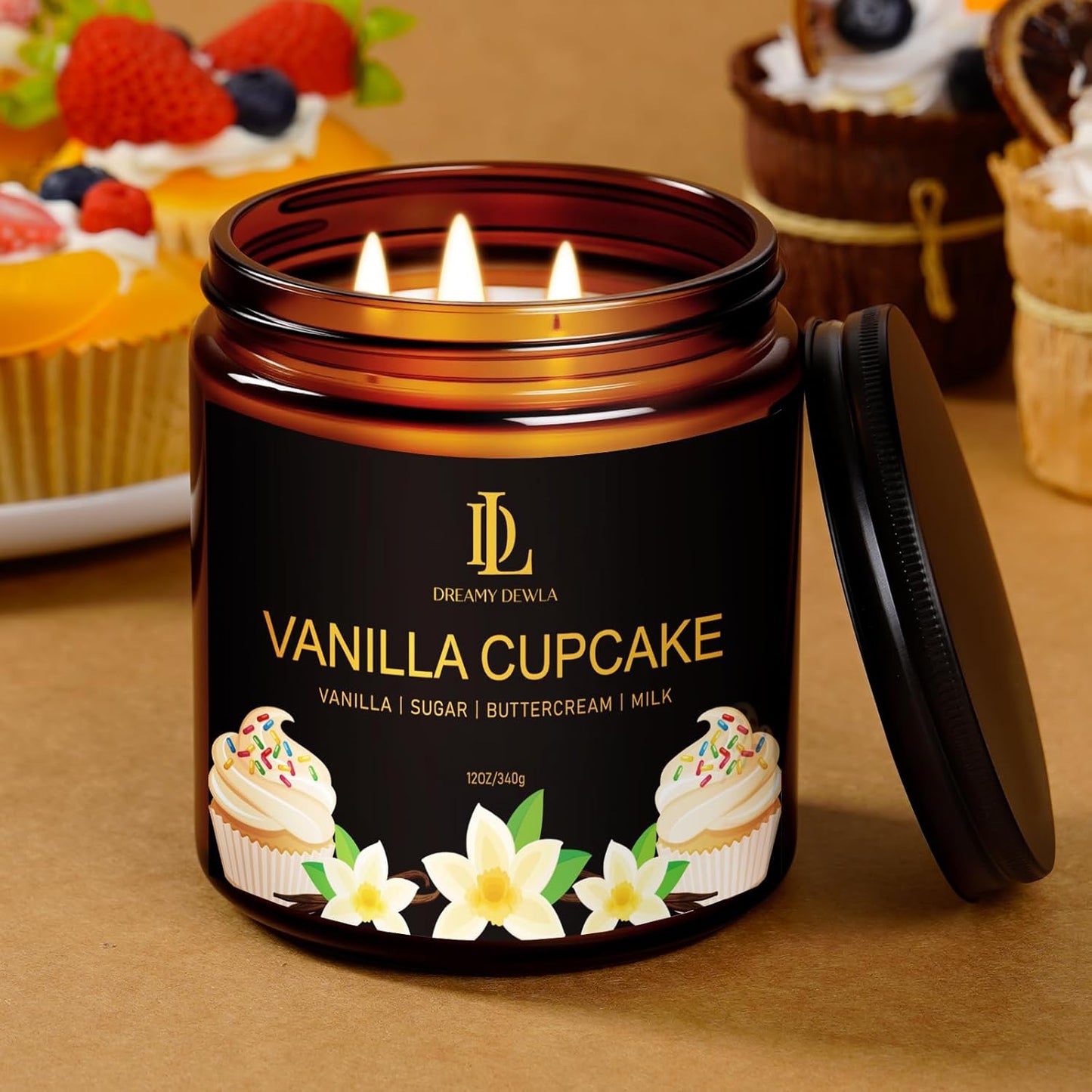 Vanilla Cupcake Scented Candle, 12oz 60 Hour Long Lasting Candles, Large 3 Wick Natural Soy Candles for Home Scented, Candle Gifts for Women Men