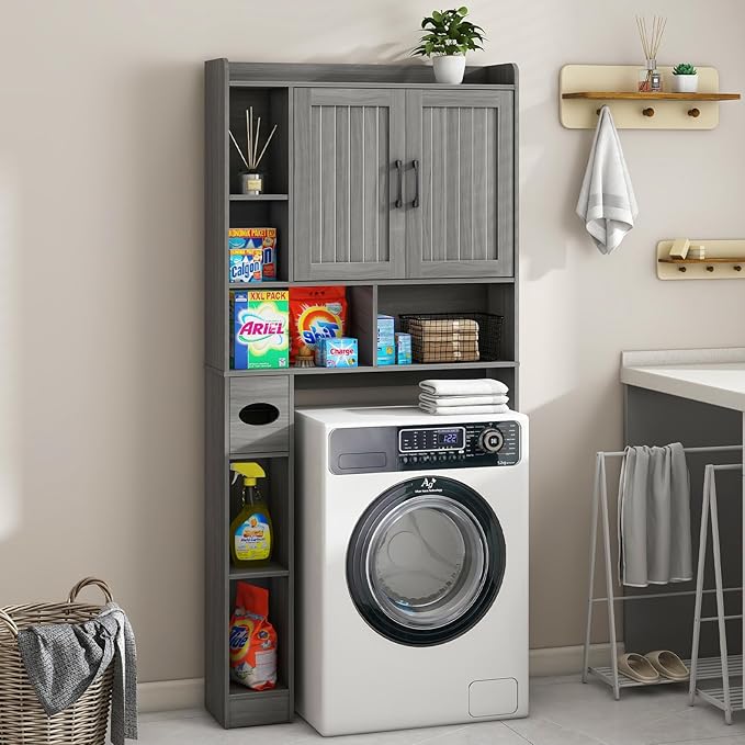 Over The Toilet Storage Cabinet, Farmhouse Storage Cabinet Over Toilet with Barn Door，Home Space-Saving Toilet Rack for Bathroom, Restroom and Laundry.（Wash Grey）
