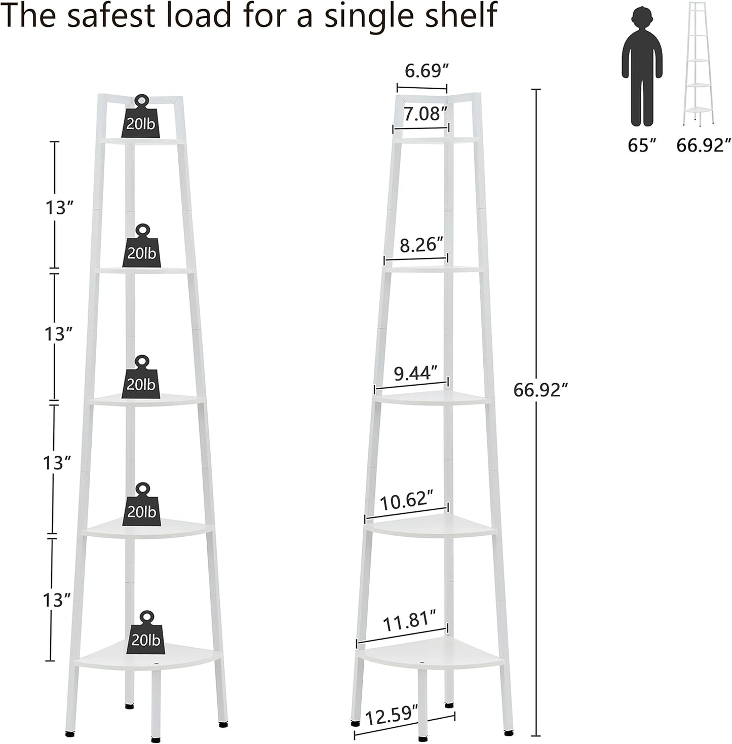 Hoctieon Corner Shelf, 5-Tier Corner Bookshelf, Rustic Ladder Shelf, Industrial Display Stand for Living Room, Kitchen, Home Office, Balcony, Small Space, Metal Frame, White