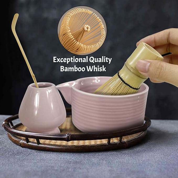 Matcha Whisk Set,6Pcs Matcha Kit Includes Matcha Whisk and Holder,Matcha Bowl with Spout,Matcha Sifter and 2Pcs Matcha Spoon,Suitable as a gift for those who like matcha (Pink)