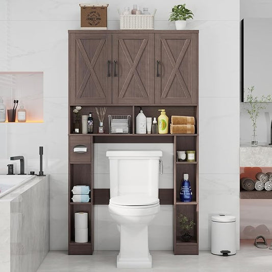 Over The Toilet Storage Cabinet, Farmhouse Toilet Cabinet Rack with 3 Barn Doors, Space Saving Bathroom Organizer with Shelves, Toilet Paper Holder and Towel Rack for Bathroom,Restroom, Espresso