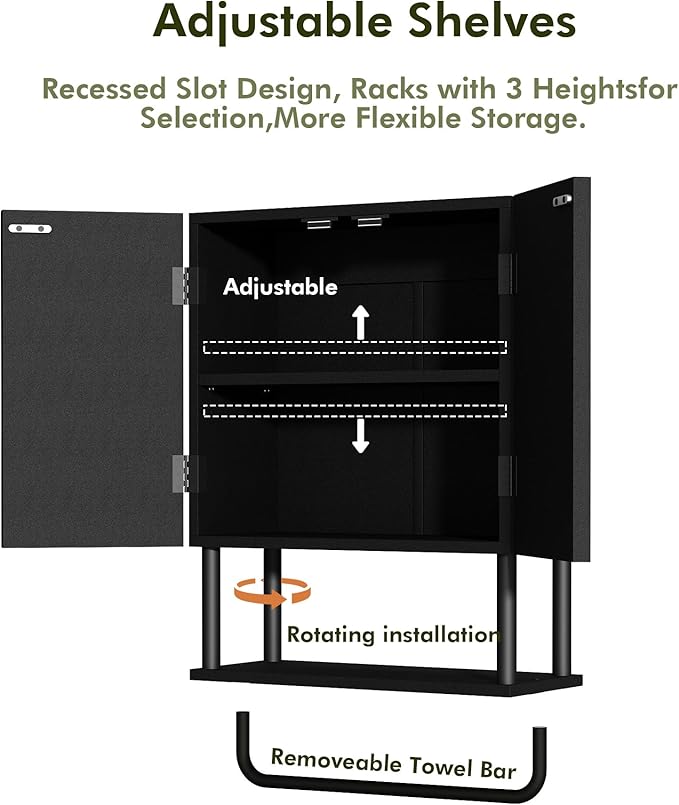 RUSTOWN Fluted Bathroom Wall Cabinet with 2 Doors, 3-Tier Modern Farmhouse Medicine Cabinet, Over The Toilet Storage Cabinet with Adjustable Shelf and Towel Bar(Black, Small)