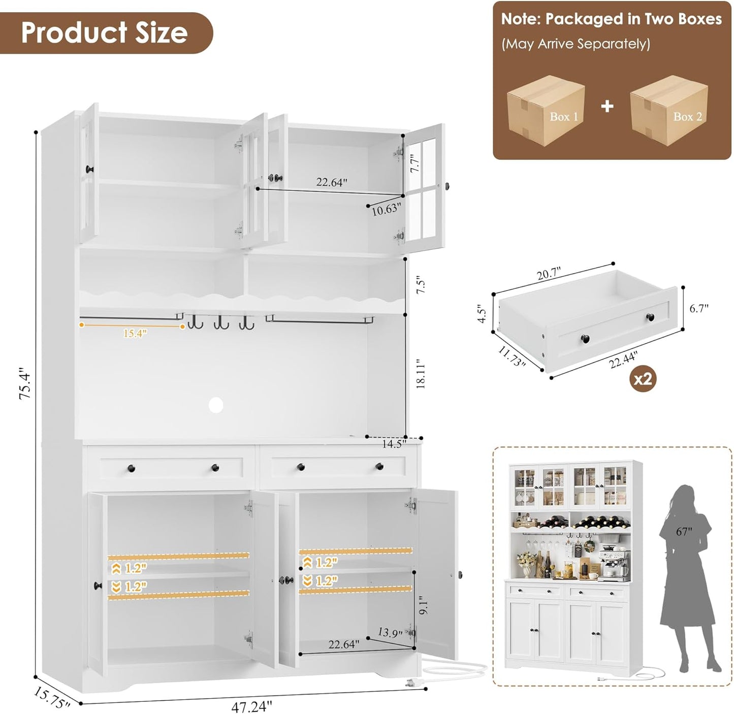 HOSTACK 75.4" Tall Kitchen Pantry Cabinet with Charging Station, Modern White Kitchen Hutch with Microwave Stand and Wine Racks, Large Food Pantry Storage Cabinet with Glass Doors and Drawers, White
