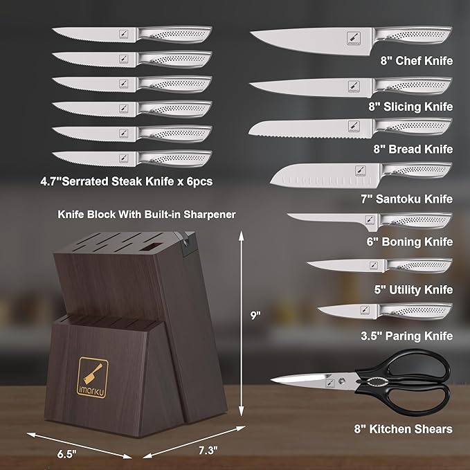 imarku Knife Set, 15-Pieces HC Stainless Steel Kitchen Knife Set With Built in Knife Sharpener, Razor-Sharp Blade Knife Block Set With Non-Slip Handle, Dishwasher Safe, Best Birthday Gifts