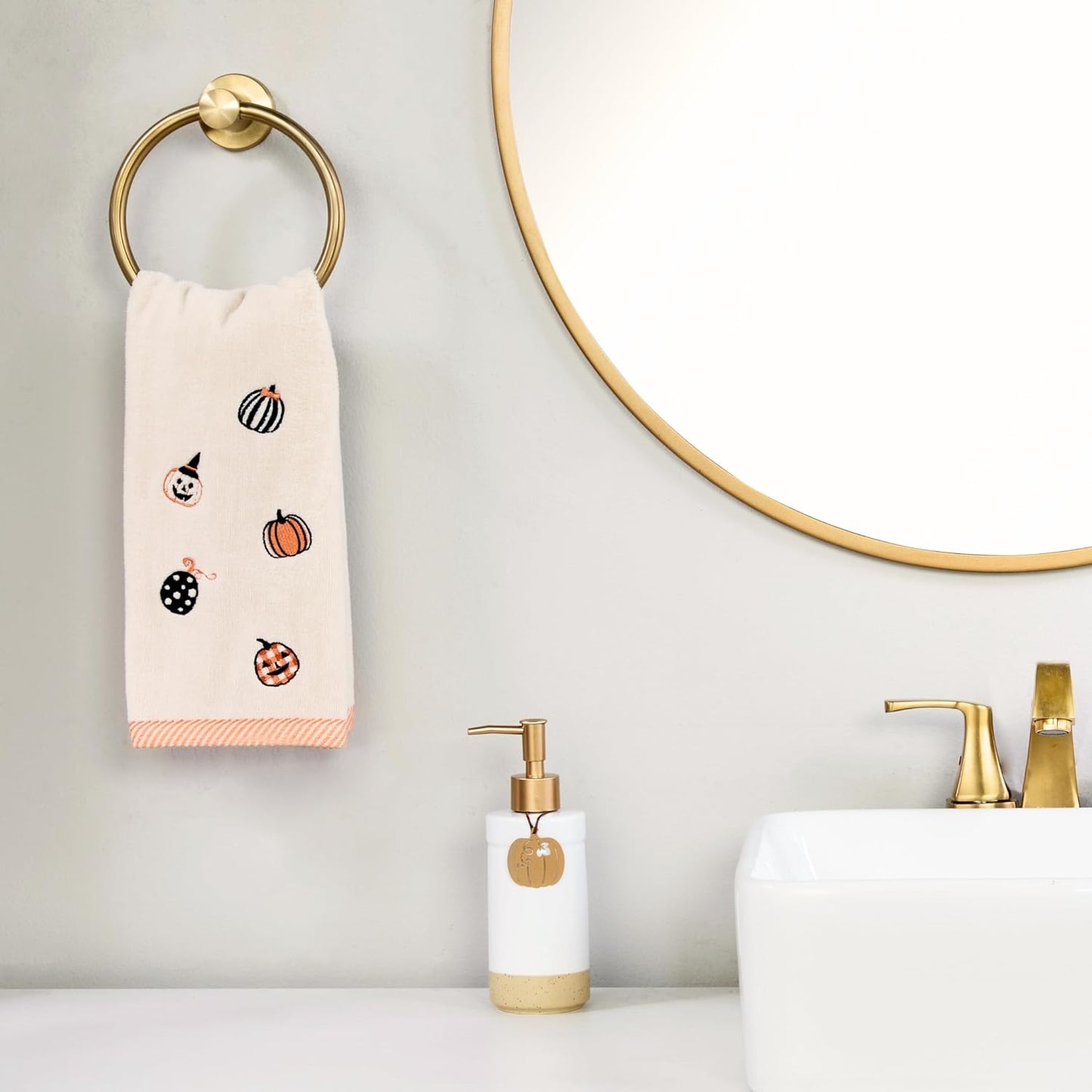 SKL Home Halloween Tossed Pumpkins 100% Cotton Embroidered 2pc Hand Towel Set, Decorative for Bath/Kitchen/Bar & Gift, Taupe