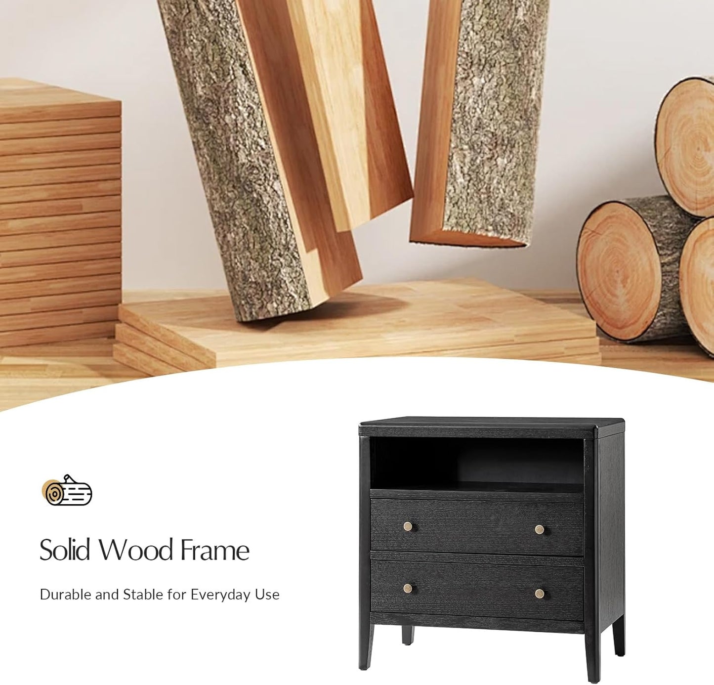 HULALA HOME Nightstand with Charging Station, Modern 2 Drawer Night Stand with Solid Wood Frame, Large Wood Bedside Table with Open Storage Space, Charcoal