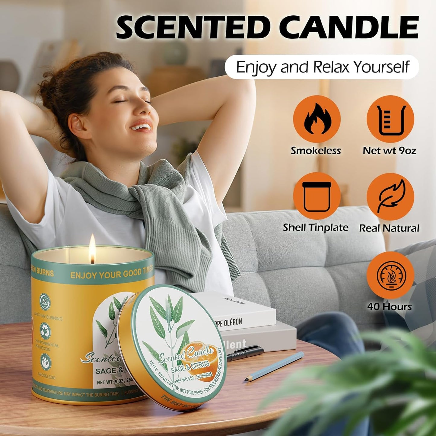 Sage&Citrus Scented Candles Gift Set | 2Pack 18oz 8% Essential Oils 80H Burn | Pure Soy Wax for Aromatherapy Tin Jar Candle | Meditation, Yoga,Smokeless, Relaxation&Sleep Aid Gift Set for Men&Women