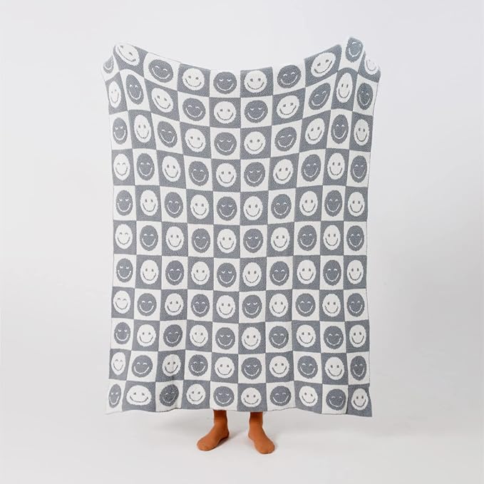 YIRUIO with Smiley Faces Checkerboard Throw Blankets Checkered Reversible Microfiber Super Soft Warm Cozy Fluffy Shaggy Blanket for Home Office Couch Bed Sofa Decor (Slate Gray)