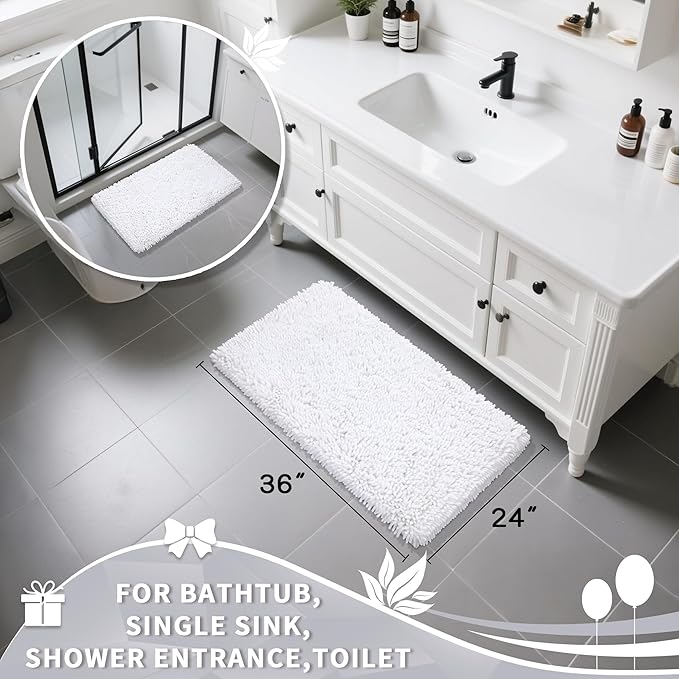 Yimobra Large Bathroom Rug Non Slip 36x24 Inch, Extra Thick Soft Absorbent Chenille Bath Mat, Machine Washable Quick Dry Bath Rugs for Bathroom Floor, Tub and Shower, Home Decor Accessories, White