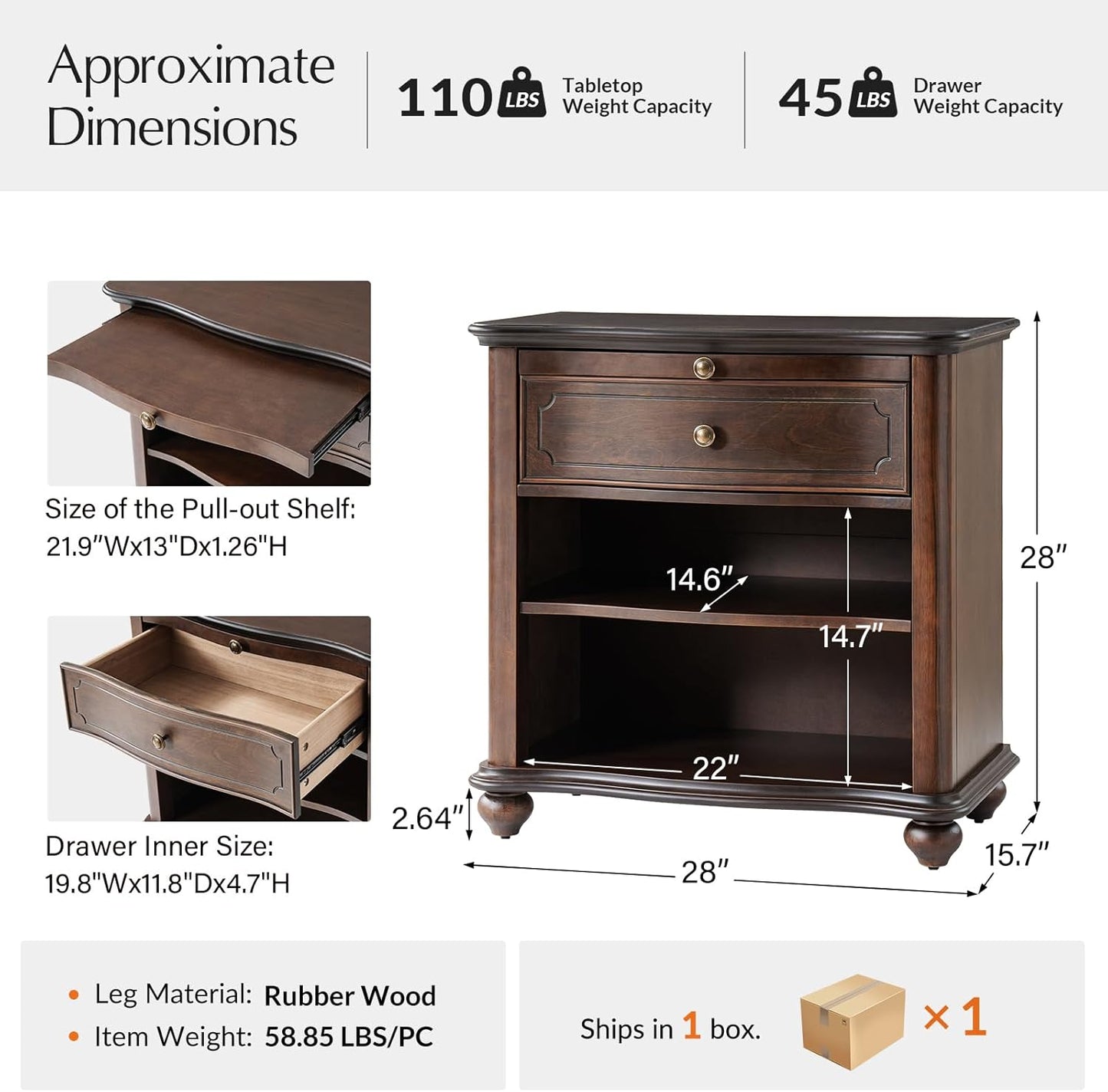 HULALA HOME Wooden Nightstand with Pull-Out Shelf, Mid Century Modern Nightstand with Solid Wood Drawers and Legs, Adjustable Storage, Walnut