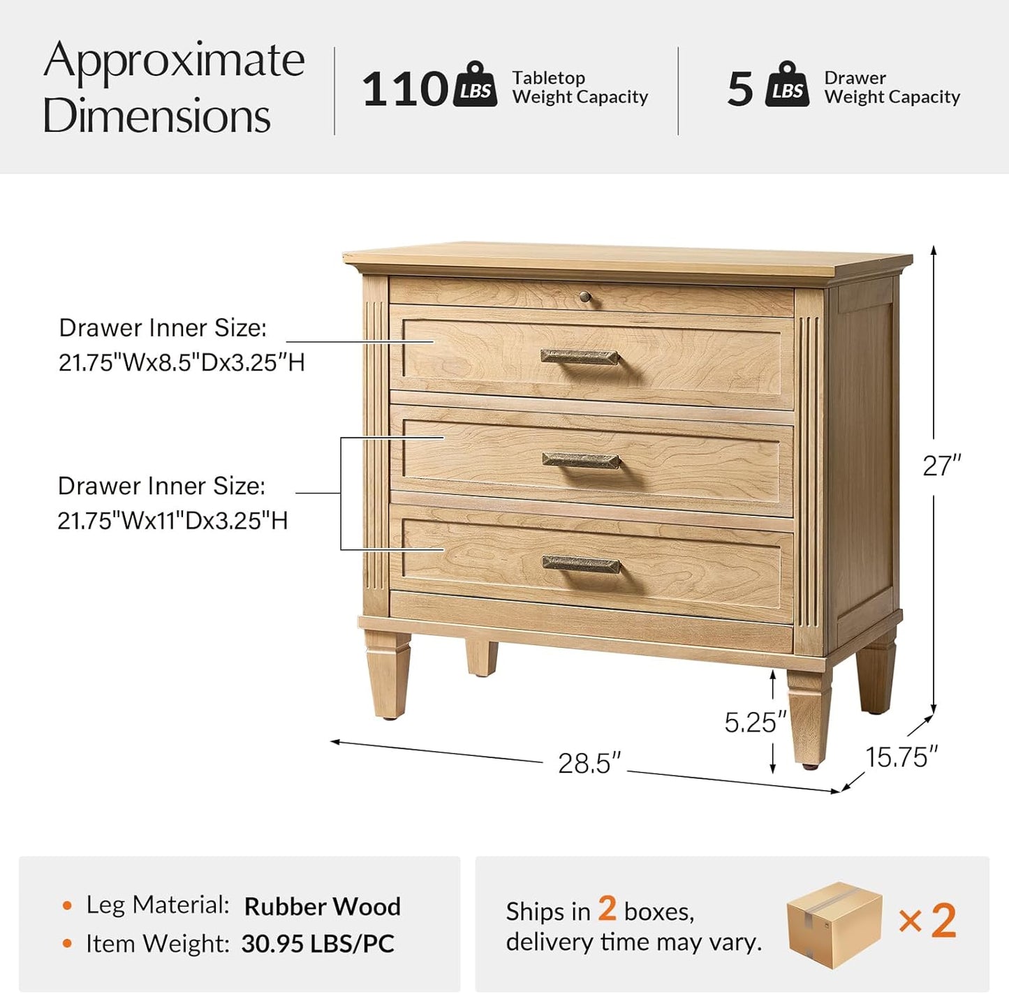 HULALA HOME Farmhouse Nightstand with Charging Station, Pull-Out Tray, 3 Drawers Nightstand with Solid Wood Legs, Wood Veneer Bedside Table with Open Shelf Set of 2, Natural