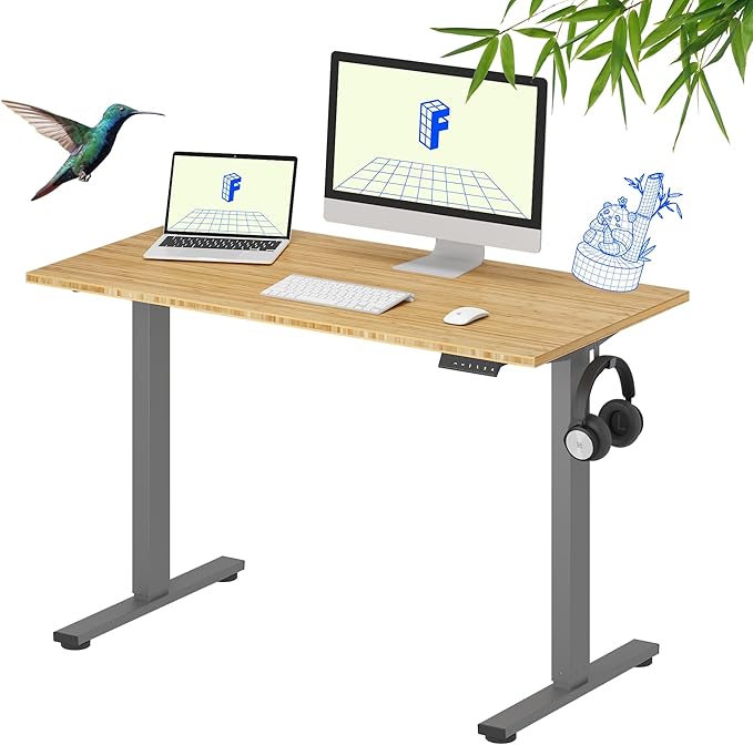 FLEXISPOT EN1 Bamboo Standing Desk, 48 x 24 Inches Whole-Piece Electric Height Adjustable Desk, Home Office Table Stand up Desk (Silver Frame + Bamboo Top, 2 Packages)