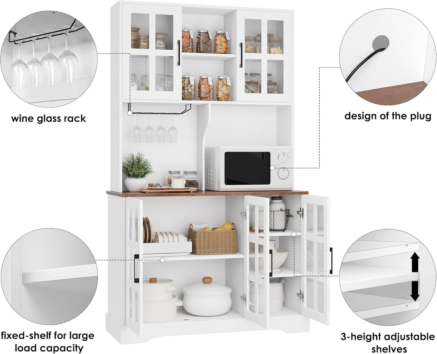 Keyluv Kitchen Pantry Storage Cabinet 71" Tall Freestanding Pantry Cabinet, Farmhouse Glass Door Buffet with Oven Countertop, Large Wood Hutch for Kitchen, Living Room and Dining Room, White