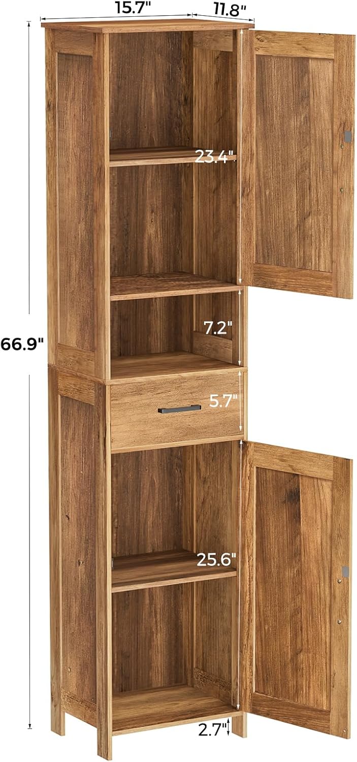 Homhedy 67" H Tall Bathroom Storage Cabinet with 2 Barn Doors and 1 Drawer, Narrow Storage Unit, Adjustable Shelves, Floor Cabinet for Bathroom, Living Room, Entryway, Kitchen, Rustic Walnut, (15.7"W)