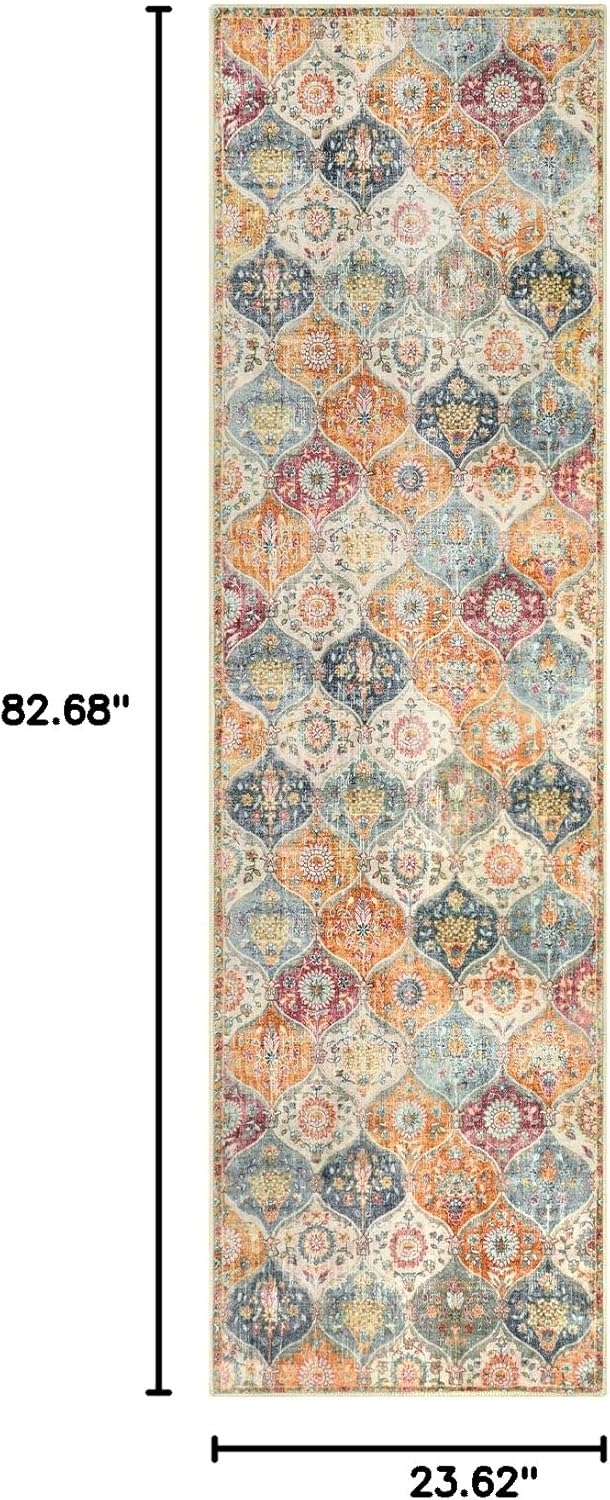 Lahome Moroccan Washable Kitchen Runner, 2x7 Runner Rug with Rubber Backing Non Slip, Vintage Hallway Rug Throw Carpet for Hallways Bedroom Laundry Room Entryway, Cream/Multi