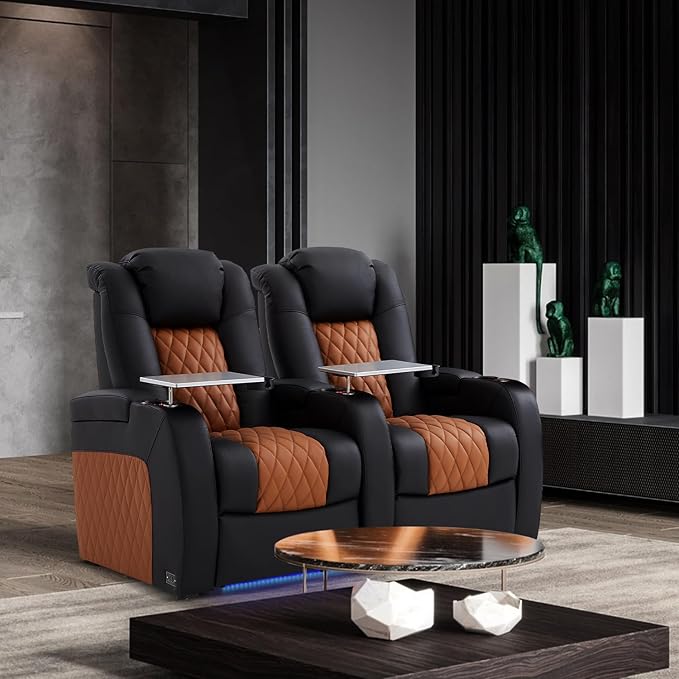 Home Theater Seating, Top Grain Leather Movie Seats Recliner Chair, Zero Gravity Reclining Gaming Sofa with Power Headrest 7 Colors Ambient Lighting 6 Seats Black Camel
