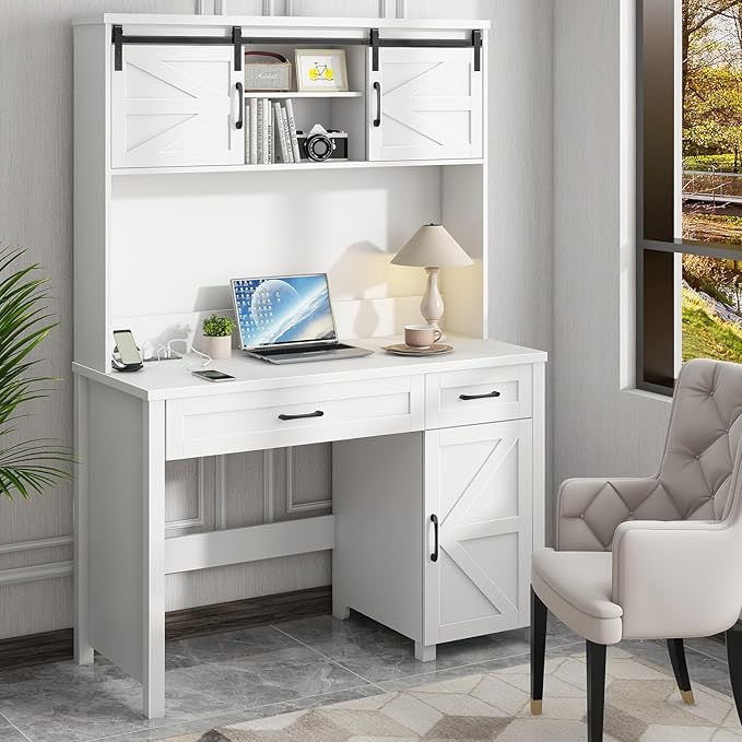 Farmhouse 47" Executive Desk, Computer Desks with 2 Drawers and Storage Cabinet, Home Office Desk with Hutch and Charging Station, Workspace for Work and Study. (Cream White)