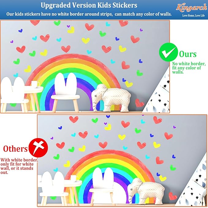 Large Watercolor Rainbow Wall Decals, Hearts Peel and Stick Fabric Nursery Wall Decor, Removable Home Room Wall Decor Murals Stickers for Kids Girls Toddler Bedroom Living Room Playroom