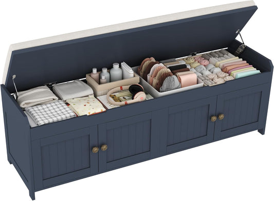 HOMEFORT 54.4" Shoe Bench with Lift Top Storage, Entryway Bench with Cushioned Seat, Wooden End of Bed Bench, Shoe Cabinet Bench with Hidden Storage Space, for Bedroom, Hallway,Blue