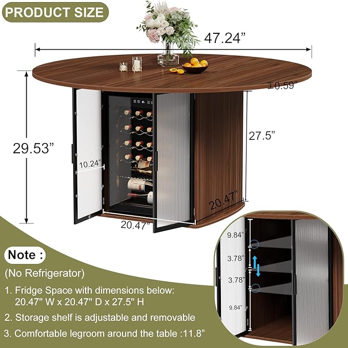 IBF 47" Round Dining Table with Fridge Storage Space, Circle Kitchen Table for 4 to 6 People, Dining Room Tables with Adjustable Shelf, Wood Dinner Tables for Home Kitchen, Walnut (Only Table)