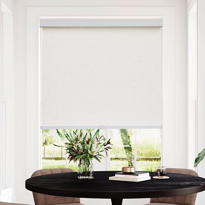 Persilux Light Filtering Shades for Windows, Cream 45" W x 72" H Natural Woven Polyester Fabric Thermal Insulation Cordless Roller Blinds for Windows, Home, Doors, Kitchen
